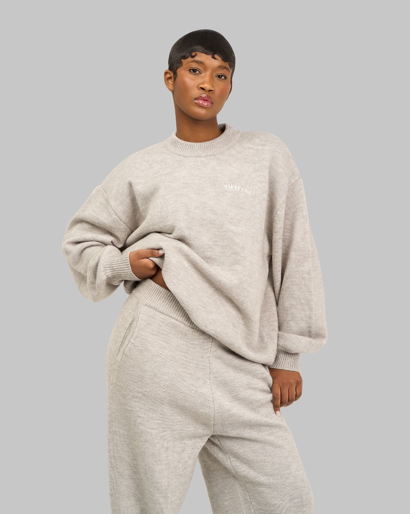 Essential Knitted Wide Leg Trouser | Stone